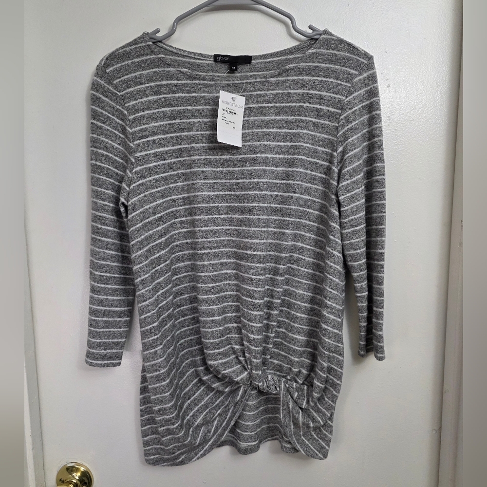 Gibson Womens Stripe 3/4 Sleeve Stretch Soft Twist Hem Boat Neck Sweater Blouse